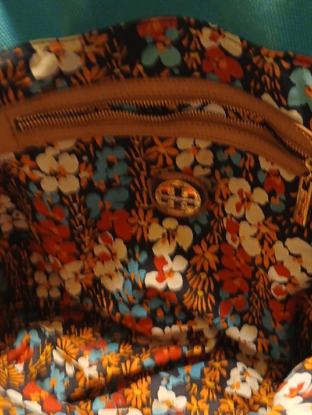 Tory Burch Turquoise Canvas Tote with Brown Leather Trim and Logo - Picture 9 of 11